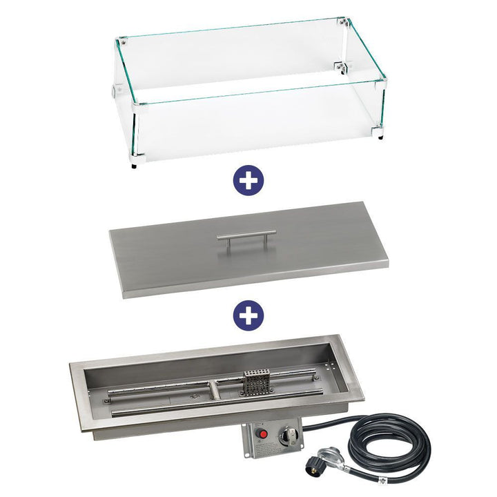 American Fire Glass  24" x 8" Rectangular Stainless Steel Drop-in Fire Pit Pan With Electric Ignition System kit, CSA Certified - Bundle