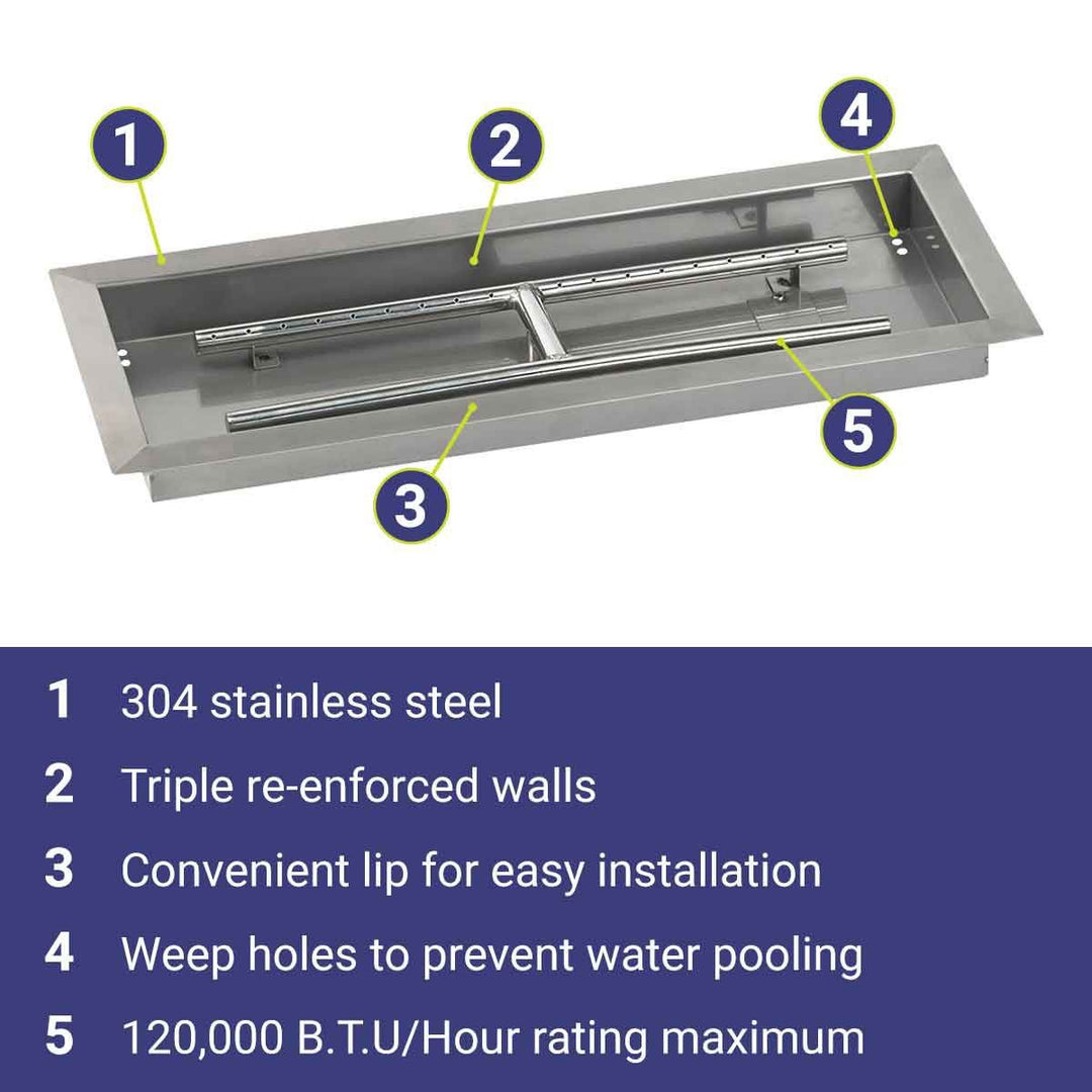 American Fire Glass Stainless Steel Drop-In Fire Pit Pan - Rectangular - SS-AFPP-24