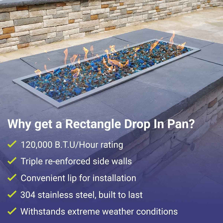 American Fire Glass Stainless Steel Drop-In Fire Pit Pan - Rectangular - SS-AFPP-24
