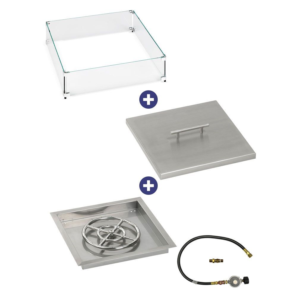 American Fire Glass 18" Square Drop-In Pan with Match Light Kit (12" Fire Pit Ring) - Bundle
