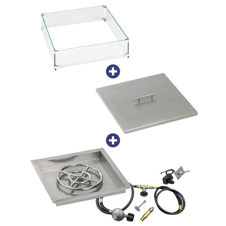 American Fire Glass 18" Square Drop-In Pan with Spark Ignition Kit (12" Fire Pit Ring) - Bundle