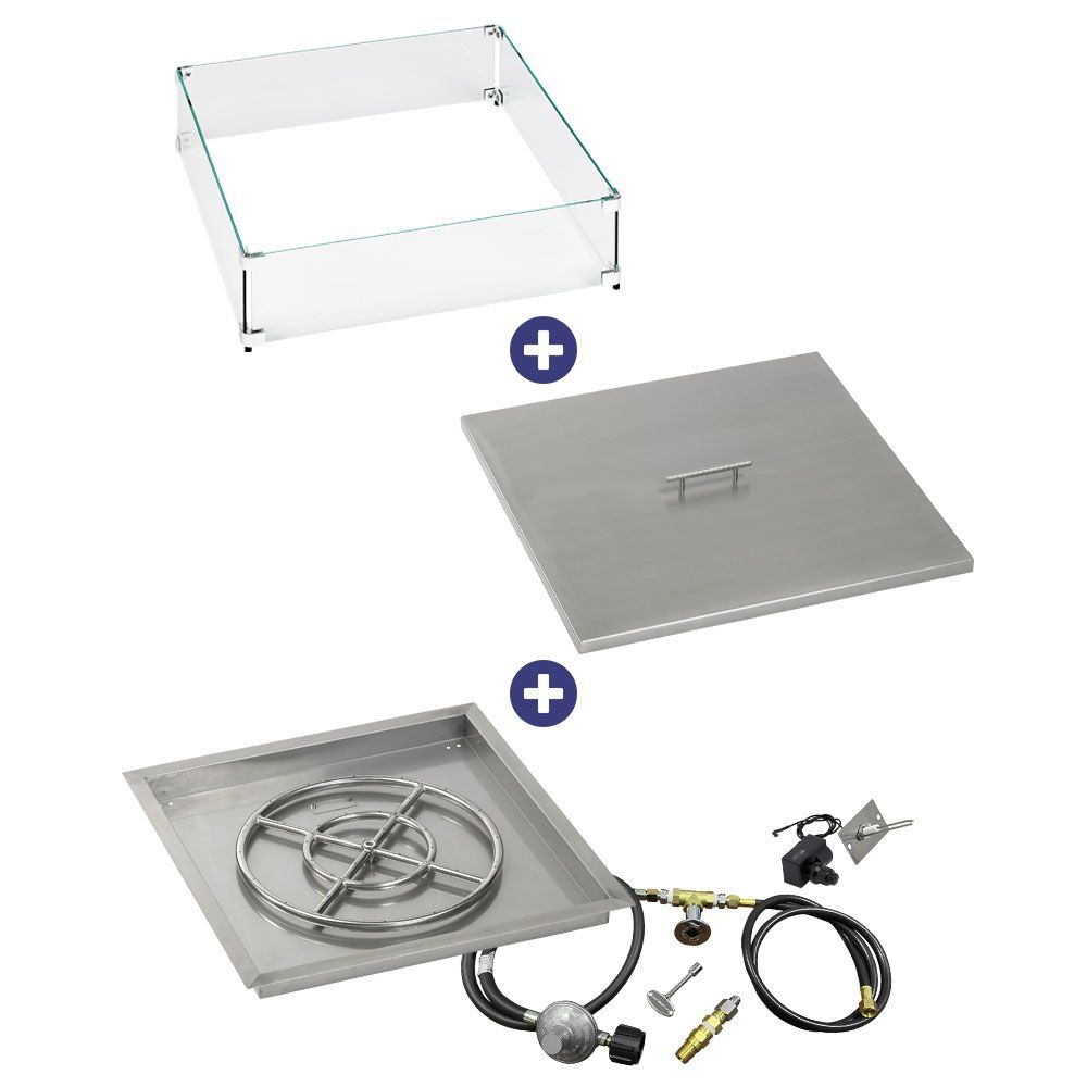 American Fire Glass 24" Square Drop-In Pan with Spark Ignition Kit (18" Fire Pit Ring) - Bundle