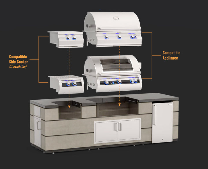 Fire Magic - 35” x 115” Contemporary Pre-Fab Grill Island Bundle with Refrigerator Cut-out - Custom BBQ Island