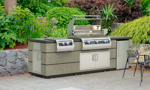 Fire Magic - 35” x 115” Contemporary Pre-Fab Grill Island Bundle with Refrigerator Cut-out - Custom BBQ Island