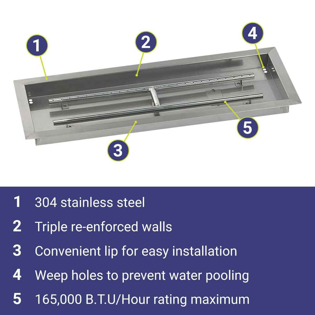 American Fire Glass Stainless Steel Drop-In Fire Pit Pan - Rectangular - SS-AFPP-36