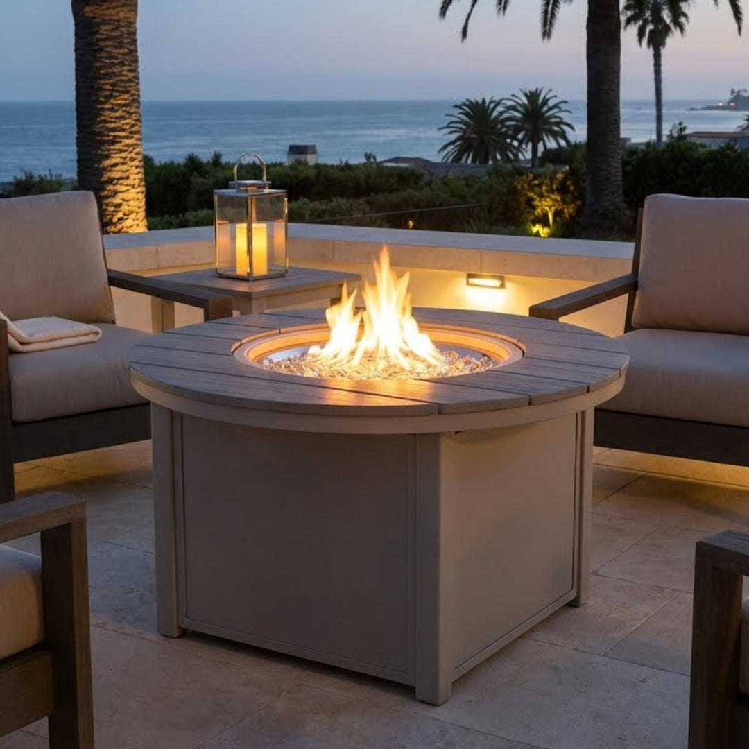 42″ Round Rustic Top Fire Table - Electronic Ignition, 60,000 BTU with Hidden Tank Drawer (NG or LP)