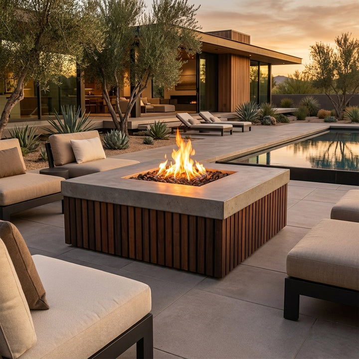 Manchester Fire Table – 42" Square Gas Fire Pit with Brazilian Hardwood & Concrete (65,000 BTUs, Propane/Natural Gas)