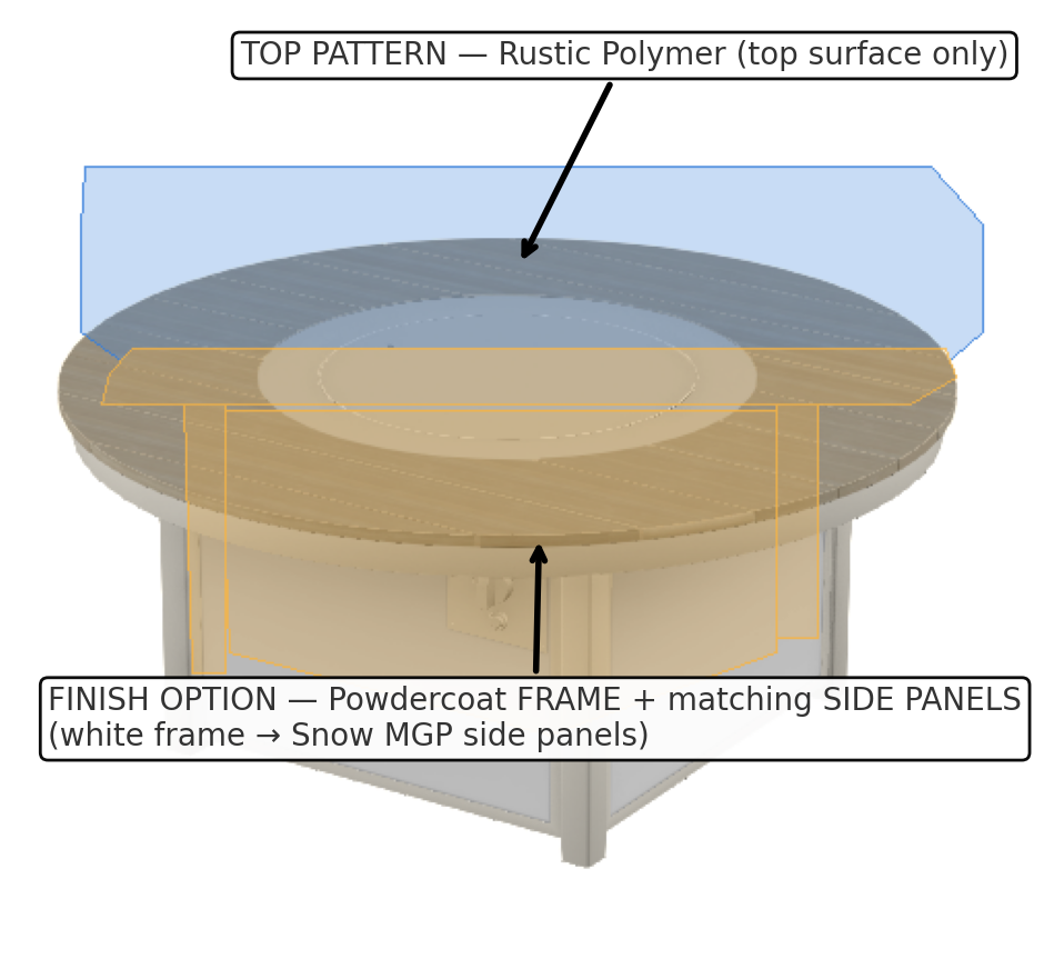 54″ Round Rustic Polymer Top Fire Table - Electronic Ignition, 60,000 BTU with Hidden Tank Drawer (NG or LP)