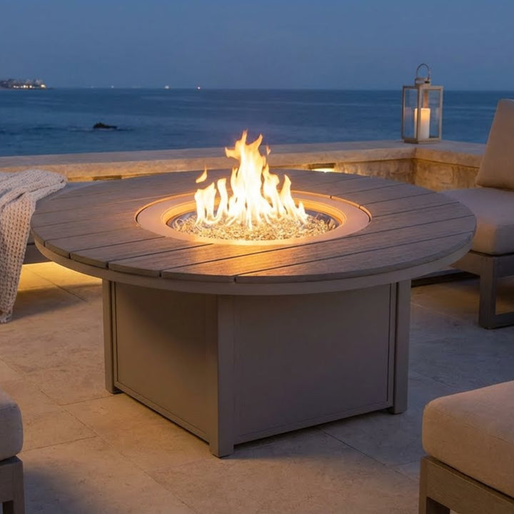54″ Round Rustic Polymer Top Fire Table - Electronic Ignition, 60,000 BTU with Hidden Tank Drawer (NG or LP)
