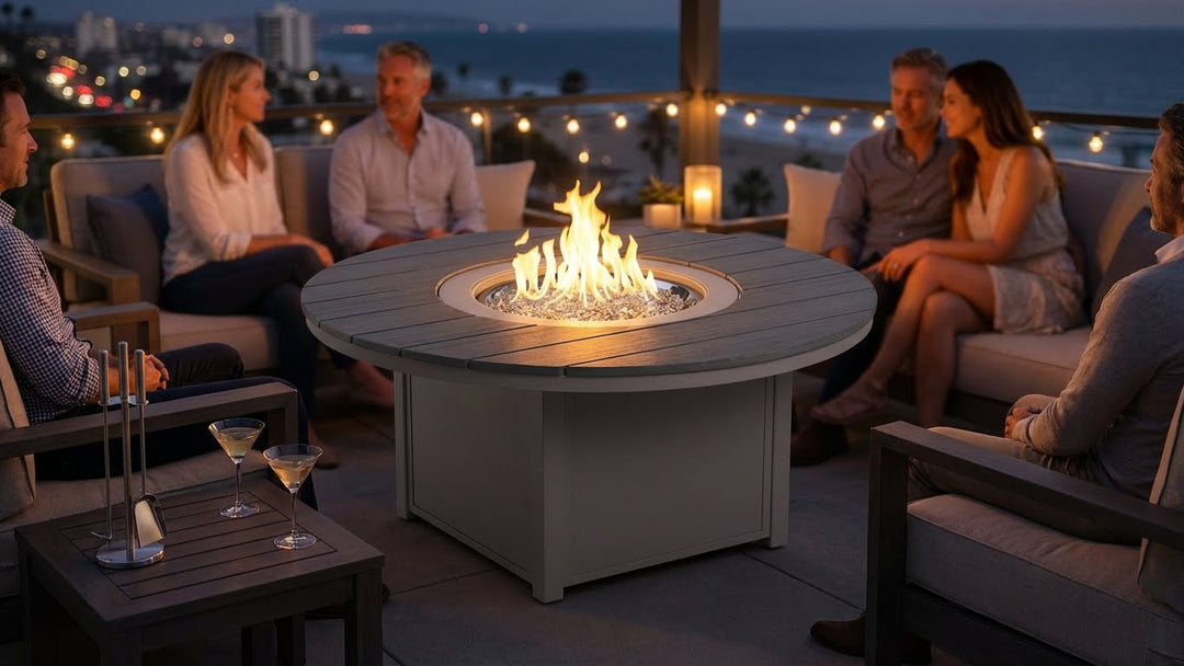54″ Round Rustic Polymer Top Fire Table - Electronic Ignition, 60,000 BTU with Hidden Tank Drawer (NG or LP)