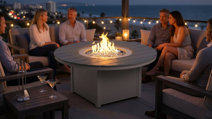 54″ Round Rustic Polymer Top Fire Table - Electronic Ignition, 60,000 BTU with Hidden Tank Drawer (NG or LP)