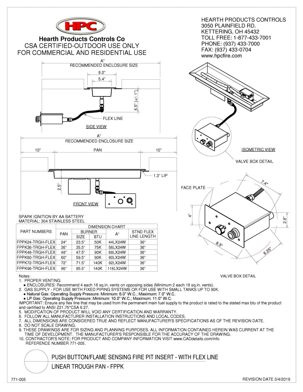 Hearth Products Controls - 72" Linear Trough Pan Insert - Push Button Ignition