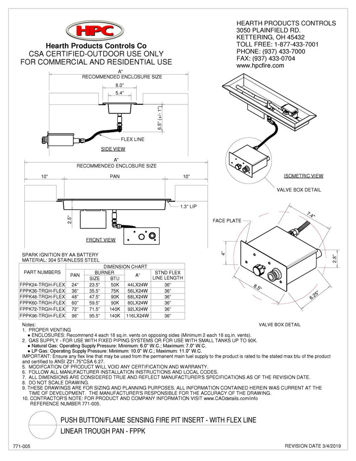 Hearth Products Controls - 72" Linear Trough Pan Insert - Push Button Ignition