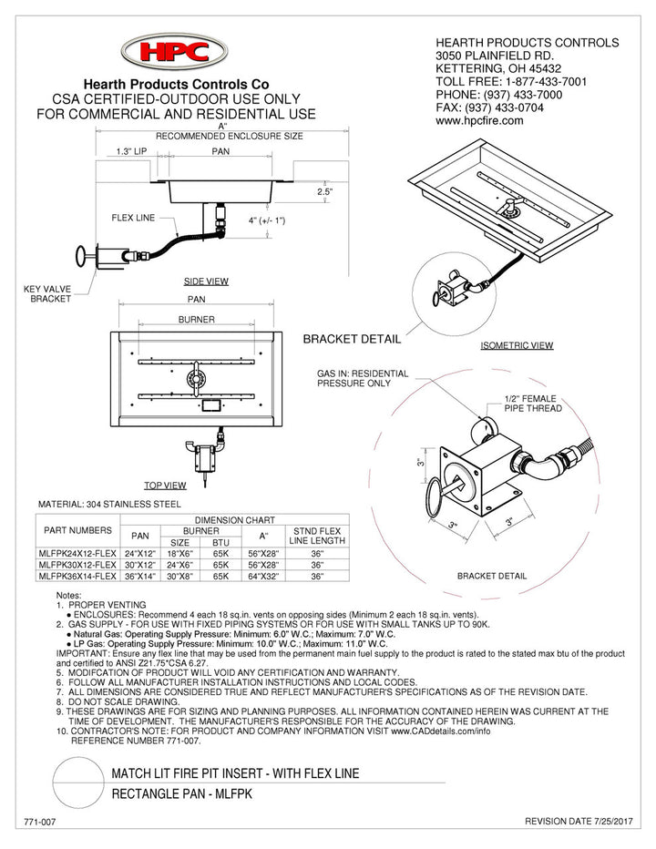 Hearth Products Controls - 36" CSA Rectangle Bowl H-Burner Kit  - Match Lit