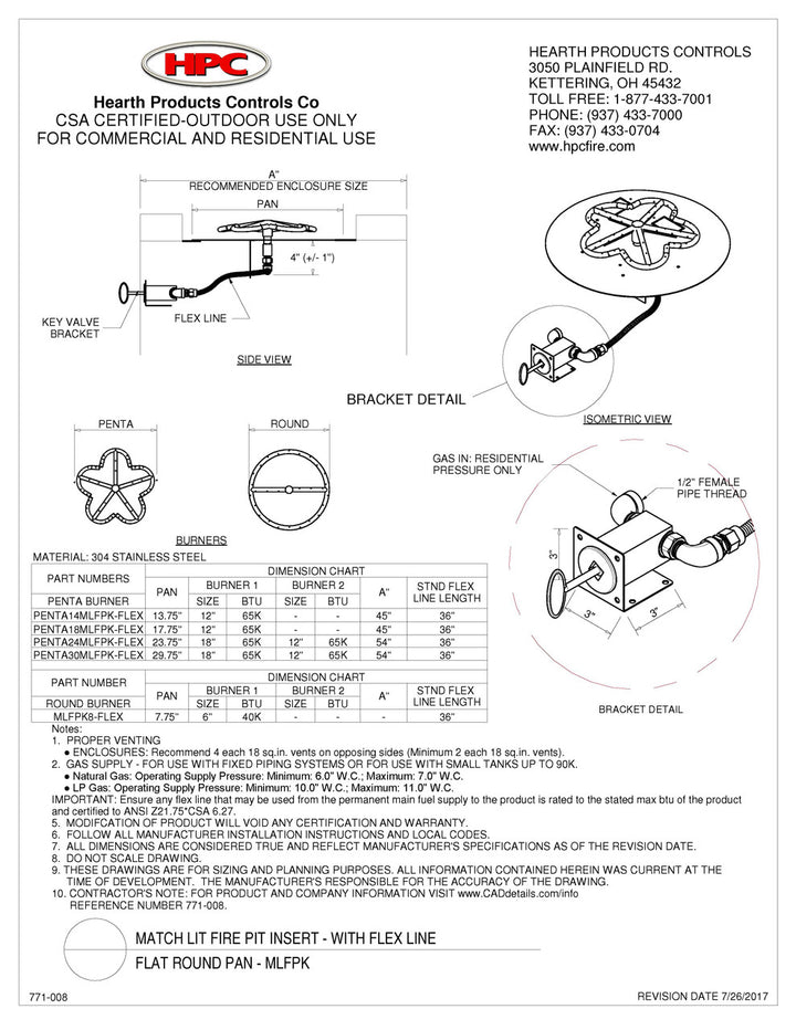 Hearth Products Controls - 14" CSA Round Flat Pan Kit Penta Burner  - Match Lit