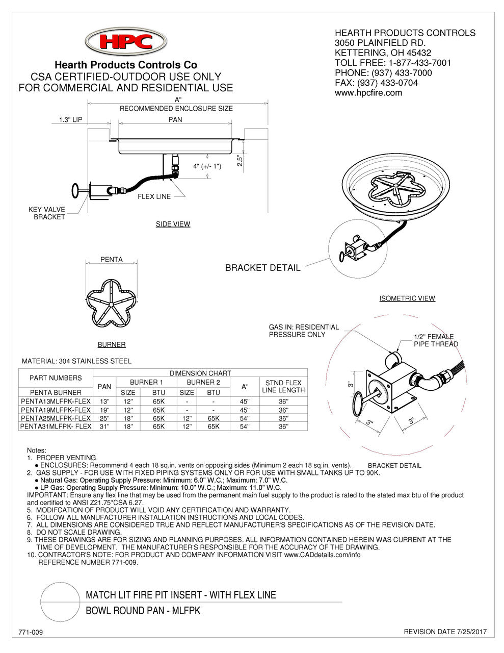 Hearth Products Controls - 13" CSA Round Bowl Pan Kit Penta Burner  - Match Lit