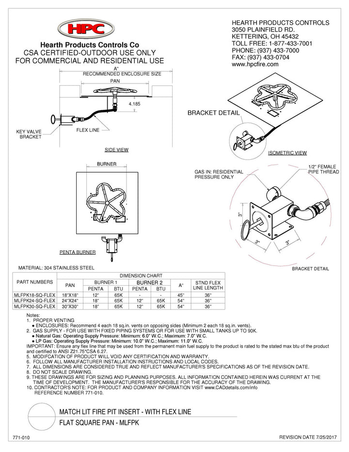 Hearth Products Controls - 18" CSA Square Flat Pan Kit -  Match Lit