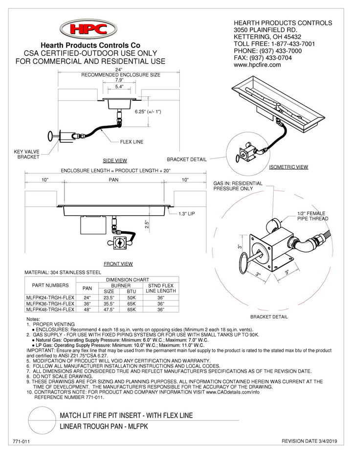 Hearth Products Contols - 24" CSA Trough Kit  - Match Lit