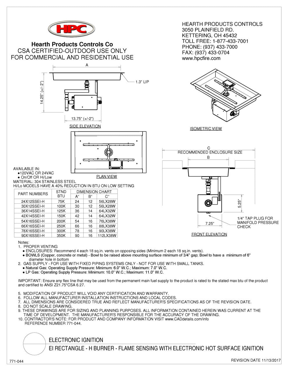 Hearth Products Controls - 30"x12" Rectangle Fire Pit Insert - EI Series - ON/OFF