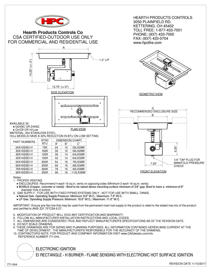 Hearth Products Controls - 30"x12" Rectangle Fire Pit Insert - EI Series - ON/OFF