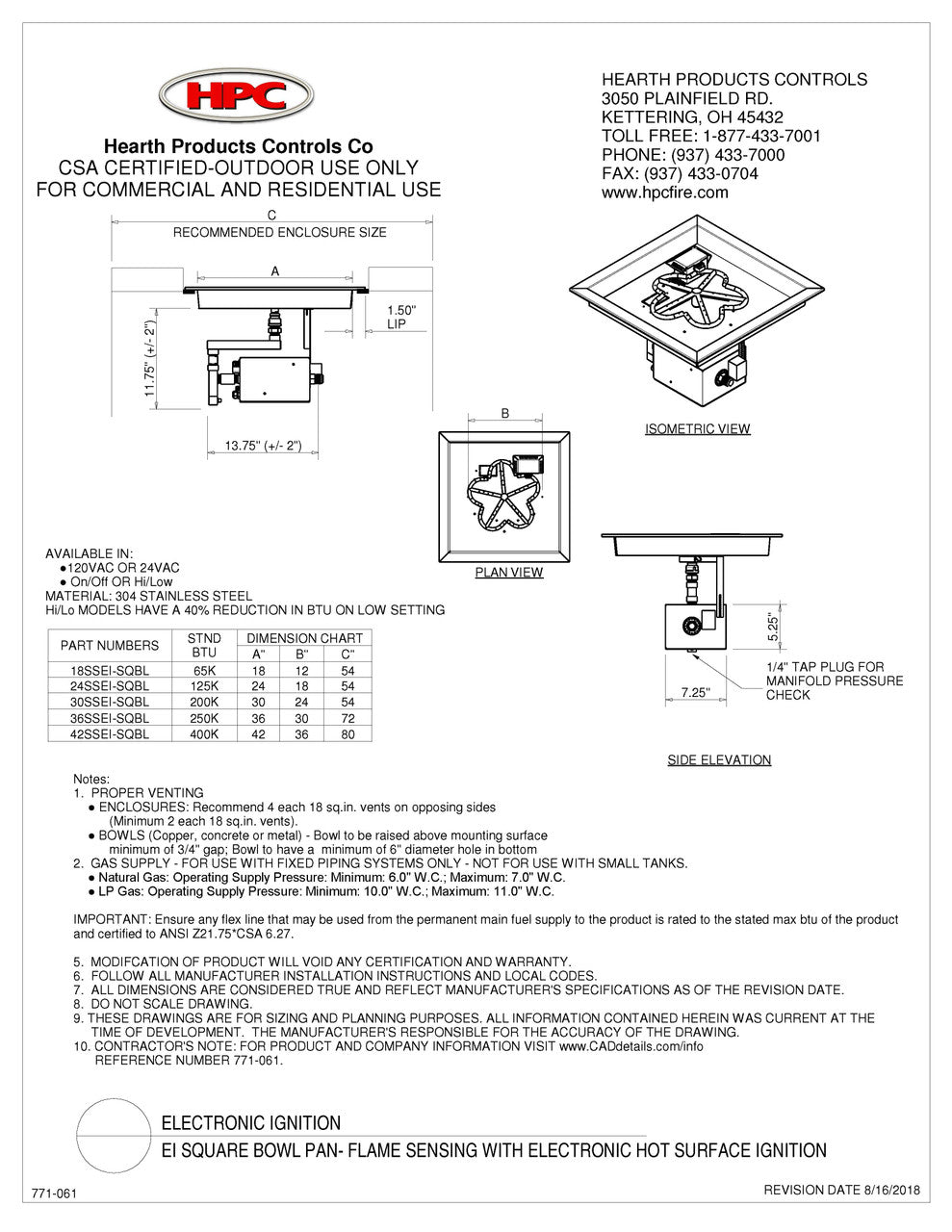Hearth Products Controls - 36" Square Bowl Pan Fire Pit Insert - EI Series - ON/OFF