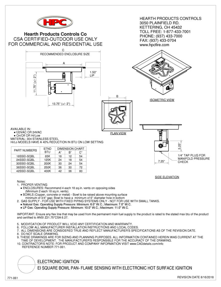 Hearth Products Controls - 24" Square Bowl Pan Fire Pit Insert - EI Series - ON/OFF