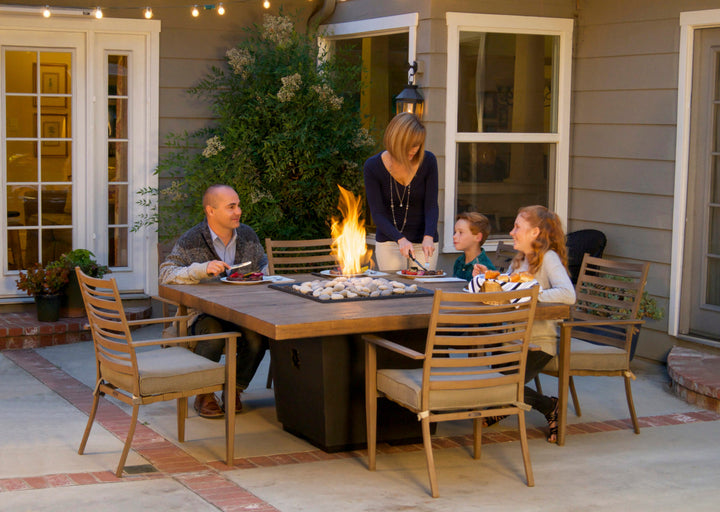 American Fyre Designs - Reclaimed Wood Cosmopolitan Square - Dining Height Firetable - In use with family