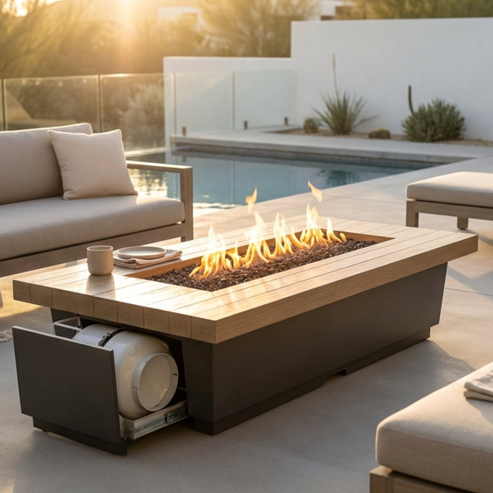 American Fyre Designs - Reclaimed Wood Contempo LP Select Long - Lounge Height Firetable