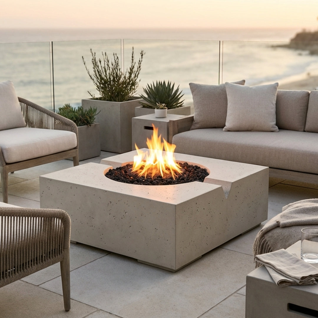 BRAVO 32" Square Outdoor Fire Feature, Sculptural Concrete Gas Fire Pit, Modern Patio Fire Pit