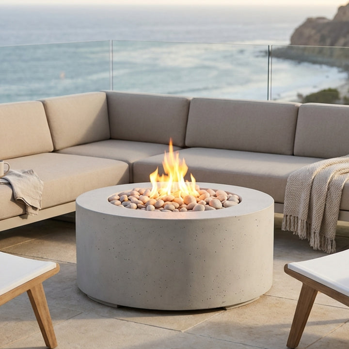 Belmont Round Concrete Gas Fire Pit , Cylindrical Outdoor Fire Feature (36″ DIA × 16″ H)