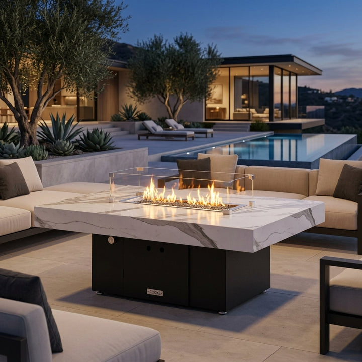 COOKE Santa Barbara Fire Pit Table 48" x 34" x 17" - White Marble porcelain