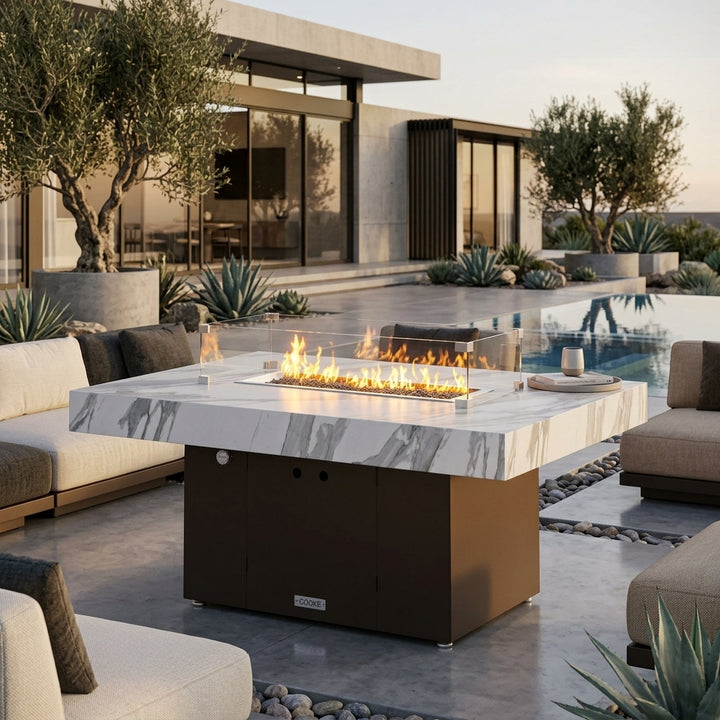 COOKE Santa Barbara Fire Pit Table 48" x 34" x 22" - White Marble porcelain
