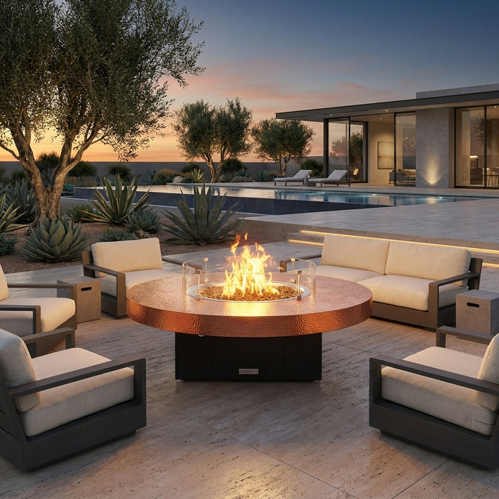 COOKE Santa Barbara Fire Pit Table 55" Diameter x 17" - Hammered Copper Top
