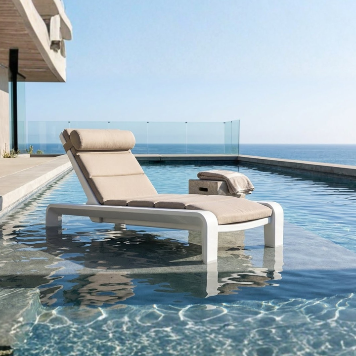 Deck Chaise Lounge – Modern In-Pool Chaise with Optional Sunbrella® Cushion, Pillow & 2" Risers