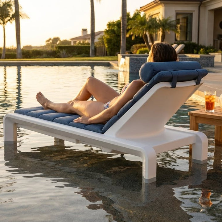 Deck Chaise Lounge – Modern In-Pool Chaise with Optional Sunbrella® Cushion, Pillow & 2" Risers