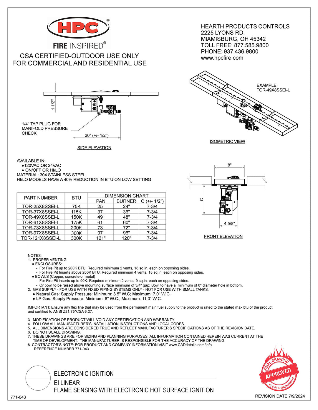 HPC 25 X 8" SST Torpedo Burner Linear Interlink Pan - EI Series HI/LO Bluetooth Insert - Natural Gas Fuel