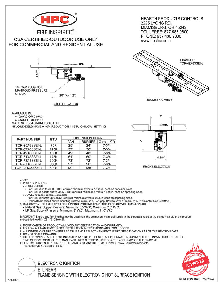 HPC 25 X 8" SST Torpedo Burner Linear Interlink Pan - EI Series HI/LO Bluetooth Insert - Natural Gas Fuel