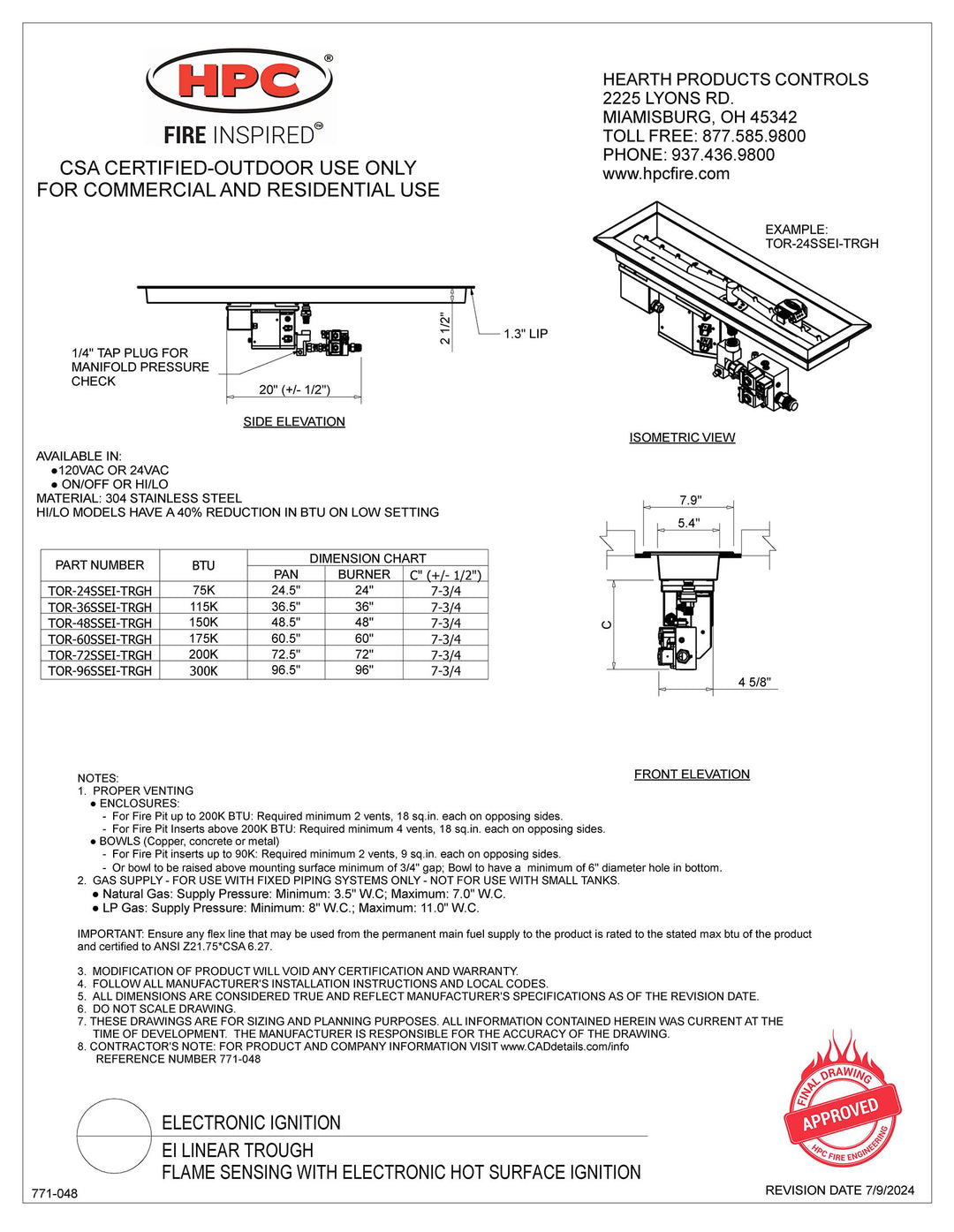 HPC 24" SST Torpedo Linear Trough Bluetooth Fire Pit Insert - EI Series - HI/LO - Natural Gas Fuel