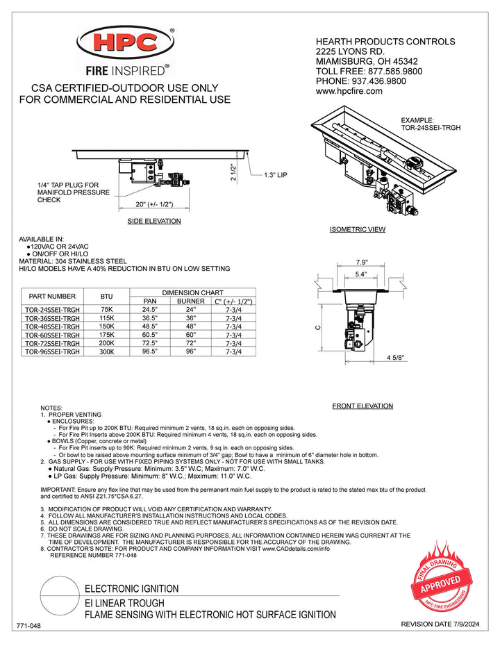 HPC 24" SST Torpedo Linear Trough Bluetooth Fire Pit Insert - EI Series - HI/LO - Natural Gas Fuel