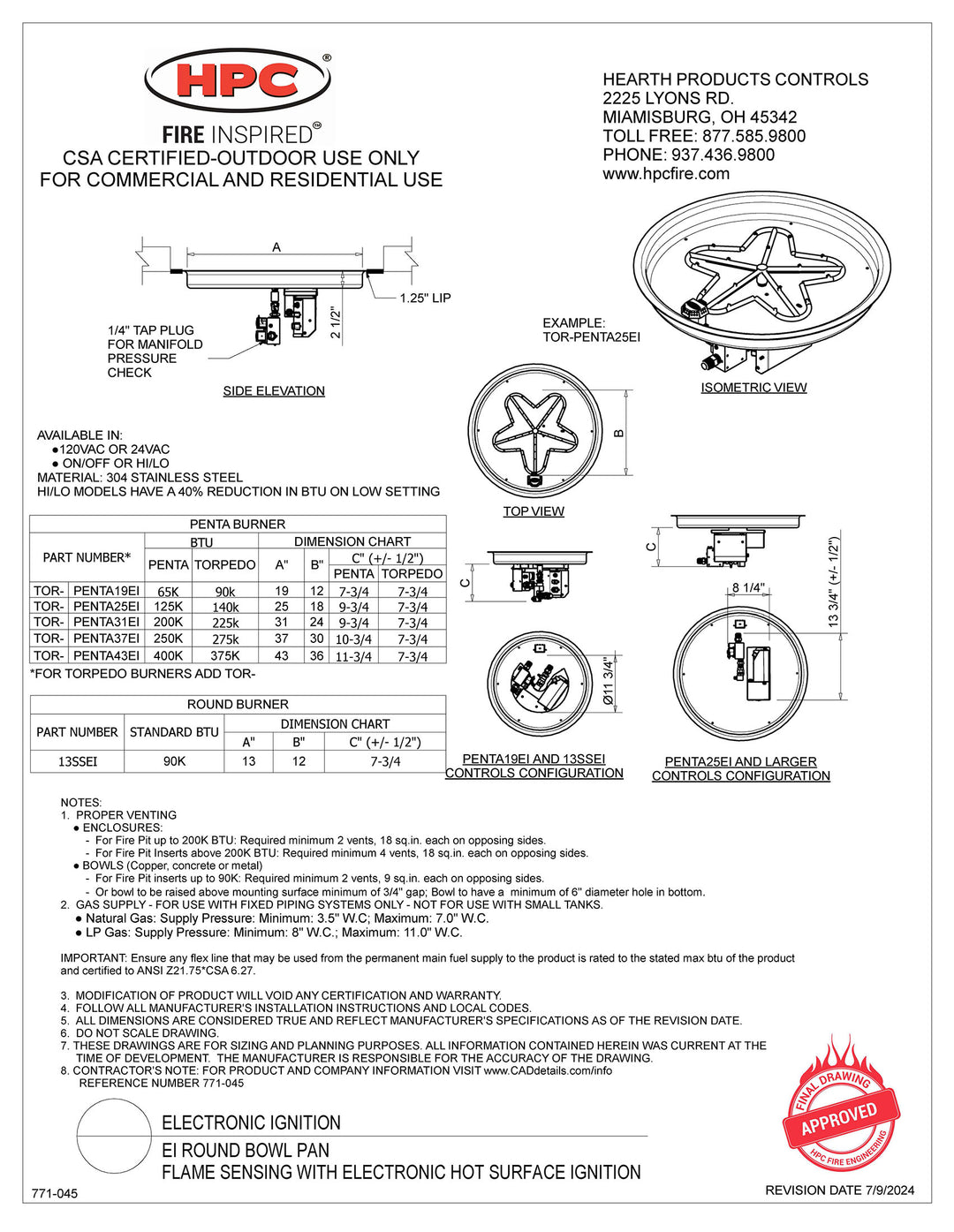 Hearth Products Controls - 13" Round Bowl Fire Pit Insert - EI Series - ON/OFF - Propane Fuel
