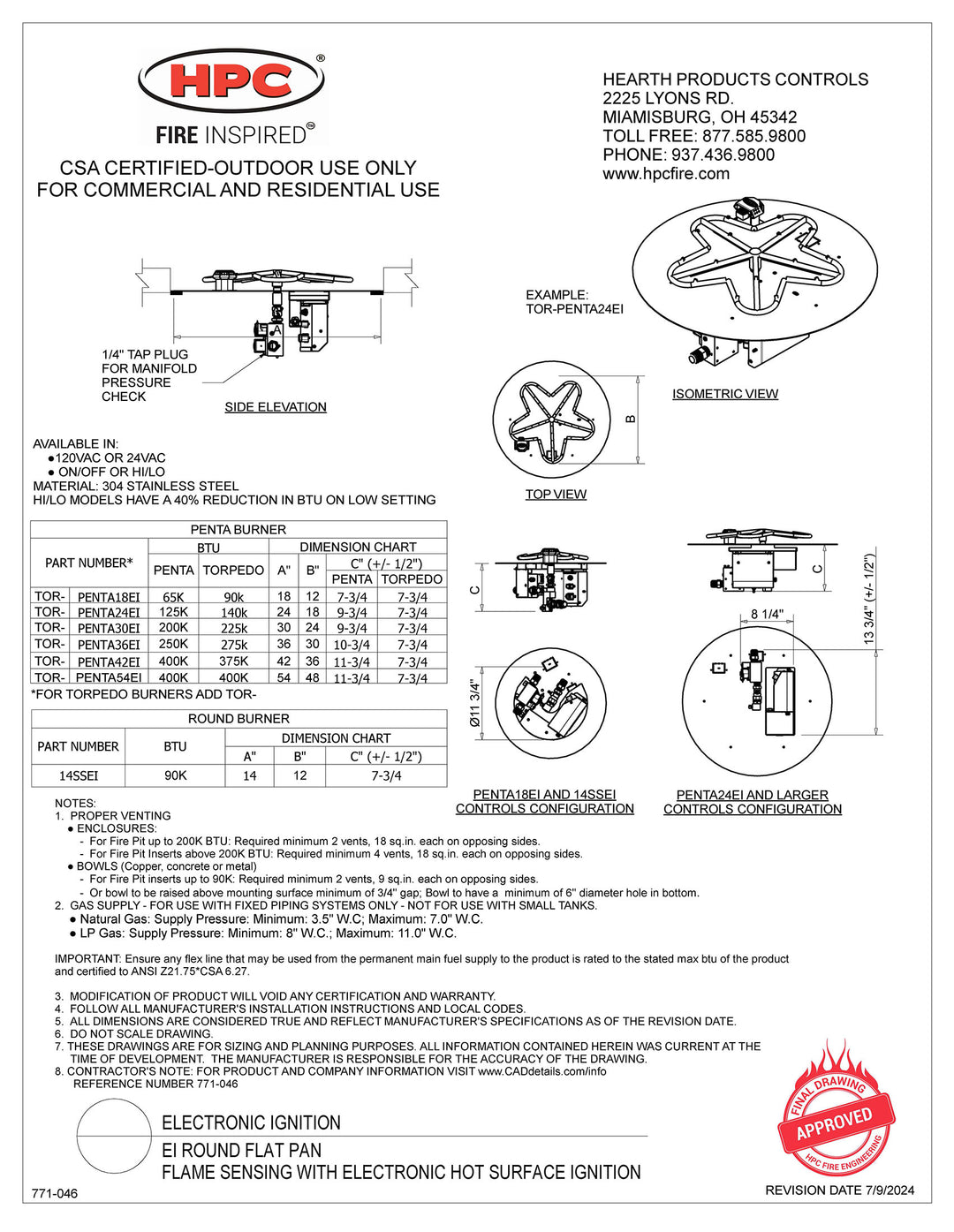 Hearth Products Controls - 14" Round Flat Fire Pit Insert - EI Series - HIGH/LOW - Propane Fuel