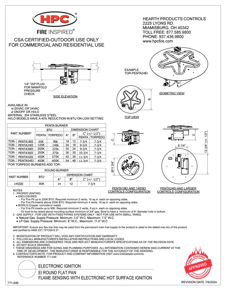 Hearth Products Controls - 14" Round Flat Fire Pit Insert - EI Series - HIGH/LOW - Propane Fuel