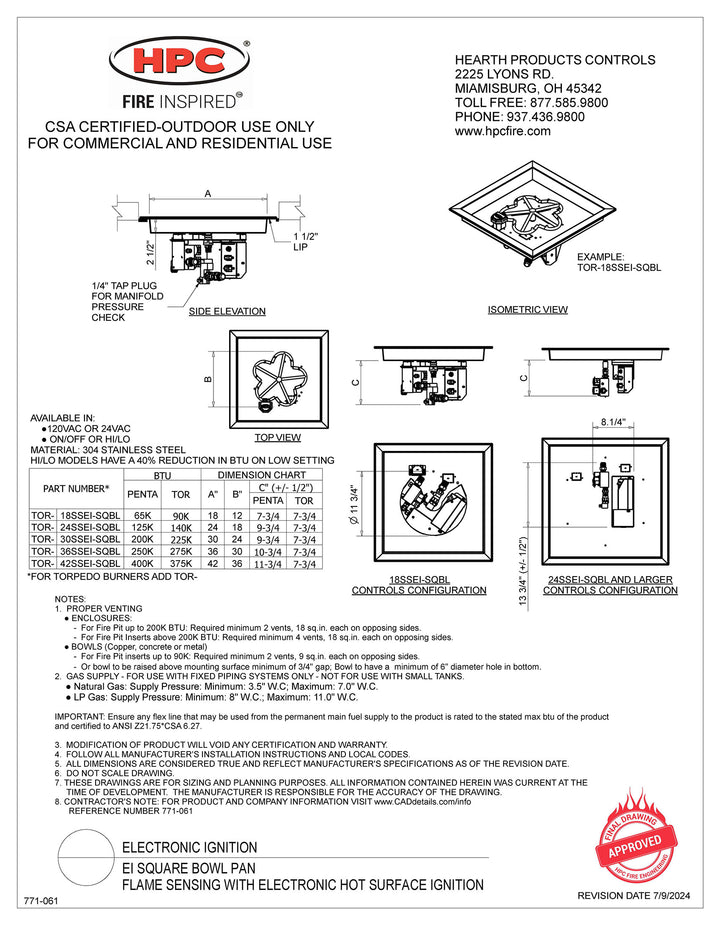 HPC - 36" Square Bowl Pan Fire Pit Insert - EI Series - ON/OFF - Propane Fuel