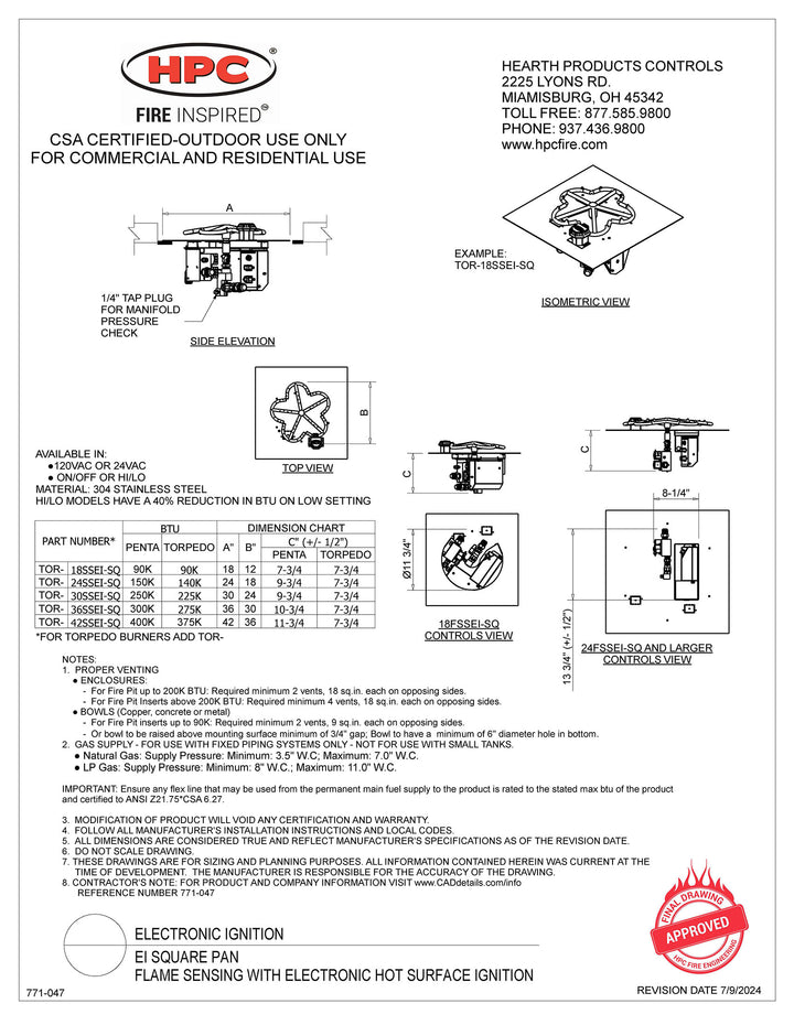 HPC - 18" Flat Square Fire Pit Insert - EI Series - HI/LO - Propane Fuel