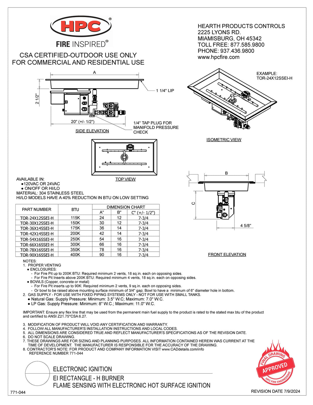 HPC - 54" x 16" SST Torpedo Rectangle Bowl Pan Bluetooth Fire Pit Insert - EI Series - HI/LO - Propane Fuel
