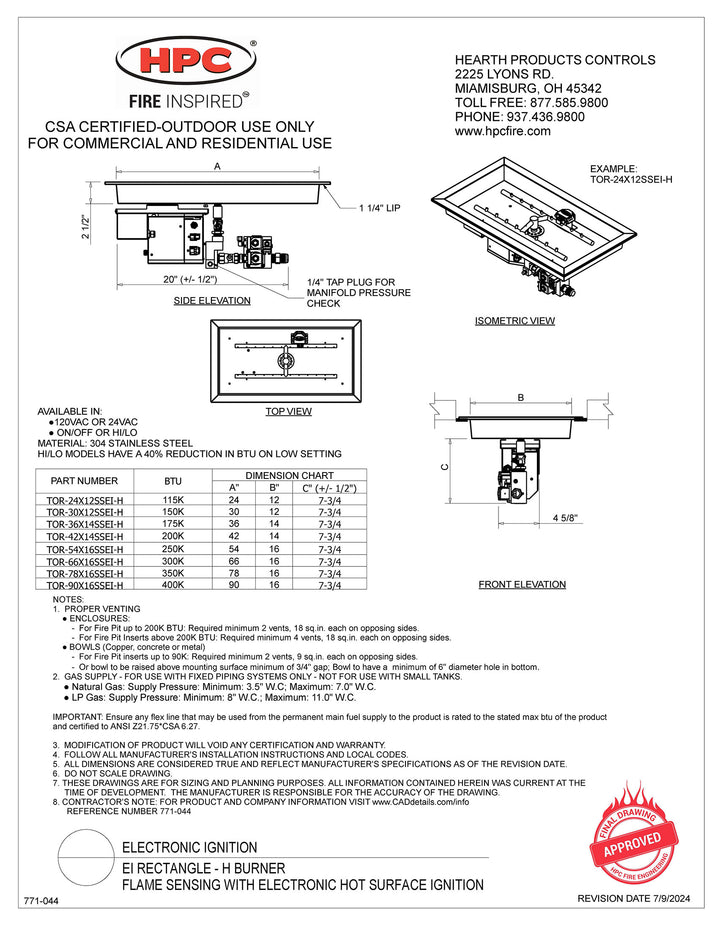 HPC - 54" x 16" SST Torpedo Rectangle Bowl Pan Bluetooth Fire Pit Insert - EI Series - HI/LO - Propane Fuel