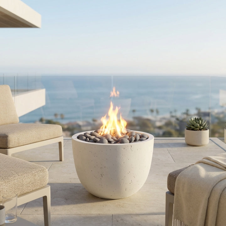 ELEMENT Compact Round Outdoor Fire Feature, 20.5" Concrete Fire Pit, 65K–90K BTU, Modern Patio Accent