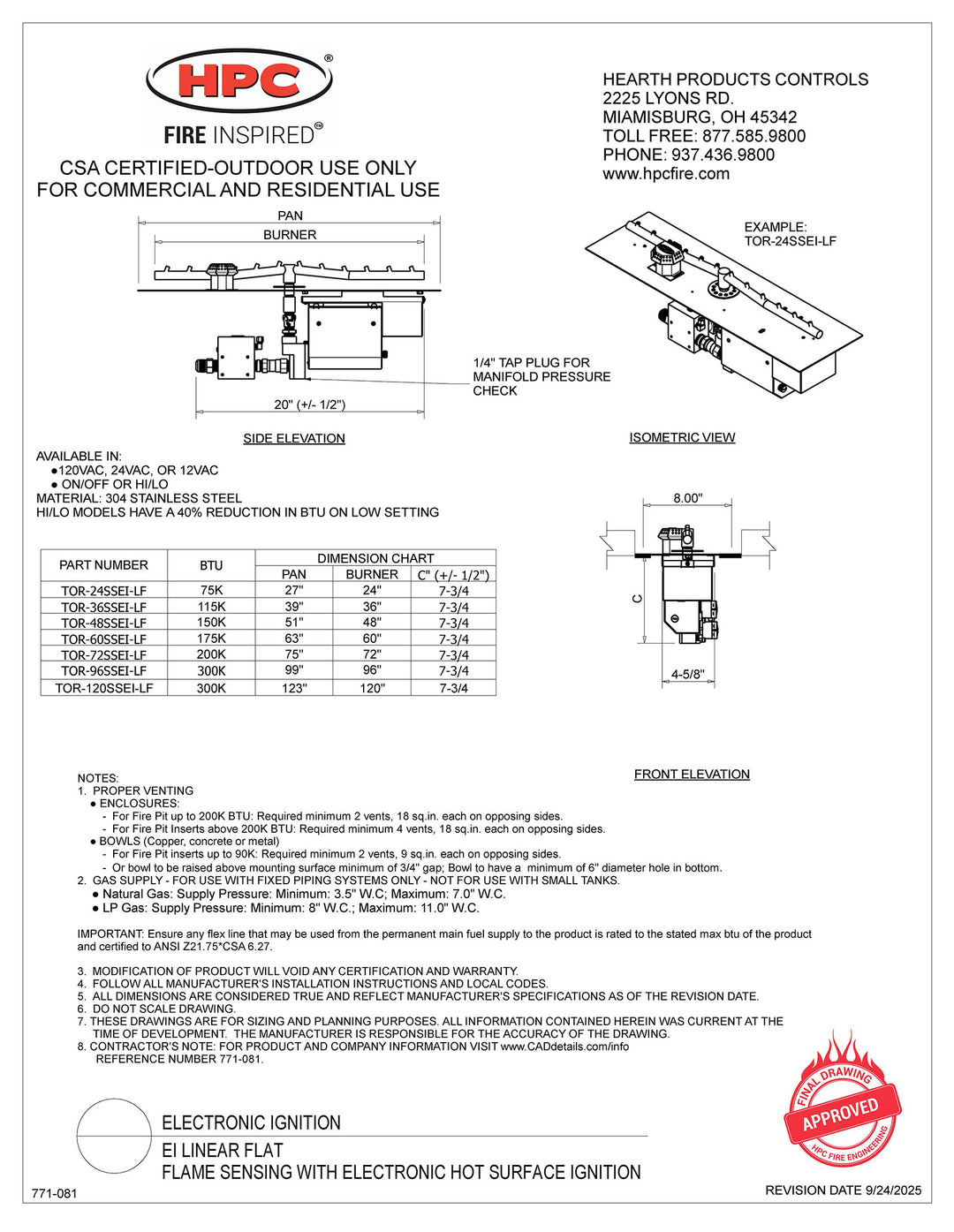 HPC 24" CSA Certified Linear Flat Fire Pit Insert with Electronic Ignition - HI/LO - Natural Gas Fuel