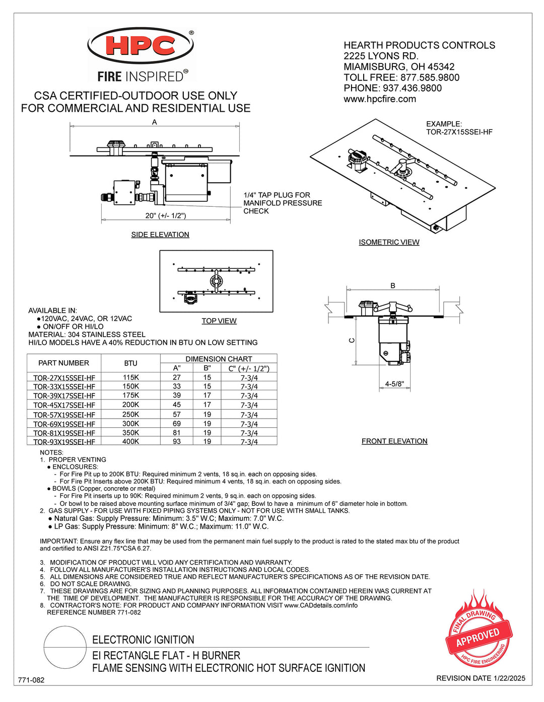 HPC 27" x 15" CSA Certified H-Flat Electronic Ignition Fire Pit Insert -ON/OFF- Natural Gas Fuel