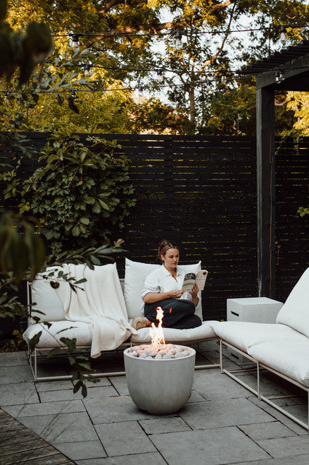 ELEMENT Compact Round Outdoor Fire Feature, 20.5" Concrete Fire Pit, 65K–90K BTU, Modern Patio Accent